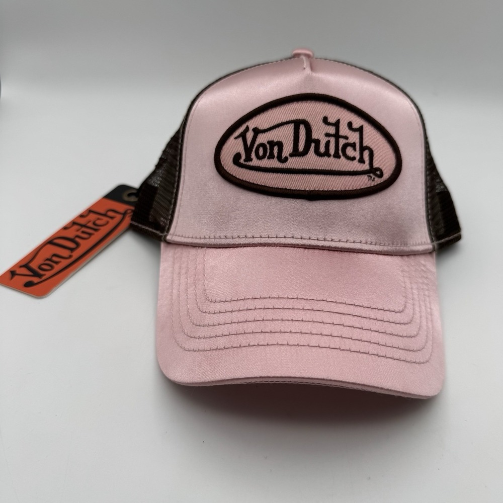 NWT Von Dutch Pink Satin Brown Mesh Trucker Hat SnapBack Cap Y2K Style HTF